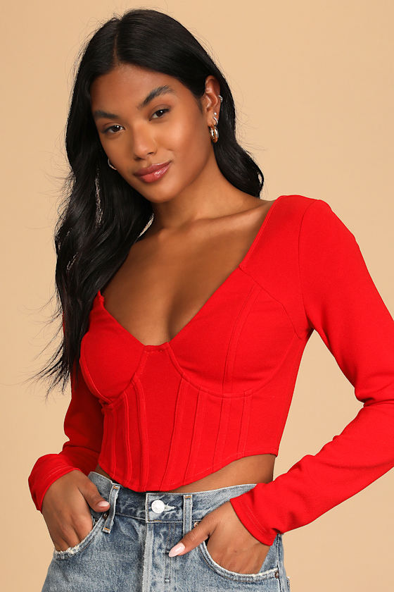 Got You Impressed Red Long Sleeve Bustier Crop Top 3