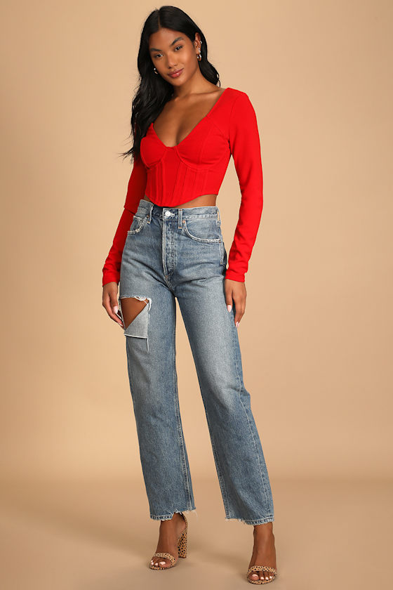 Got You Impressed Red Long Sleeve Bustier Crop Top 4