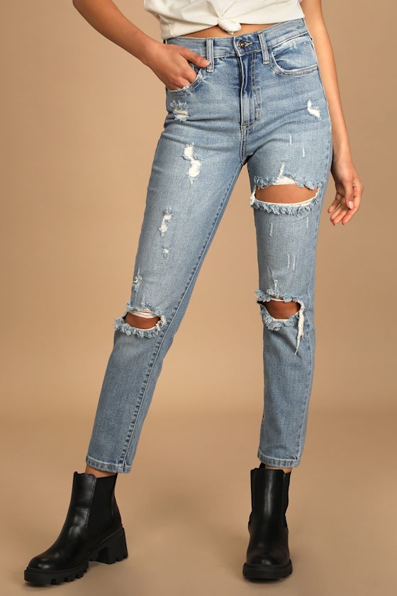 Medium Wash Jeans - Distressed Jeans 