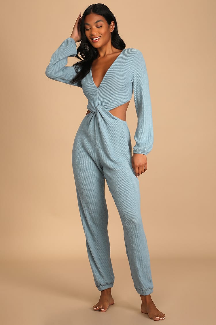 Lounge Time Light Blue Ribbed Twist-Front Lounge Jumpsuit