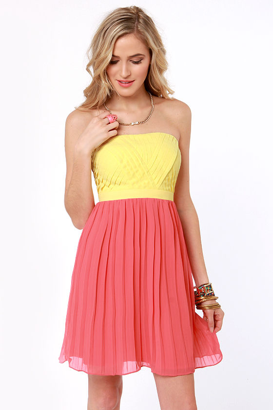 Lovely Strapless Dress Yellow Dress Coral Pink Dress 6800