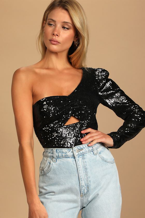 Alluring Ways Black Sequin One-Shoulder Cutout Bodysuit 4