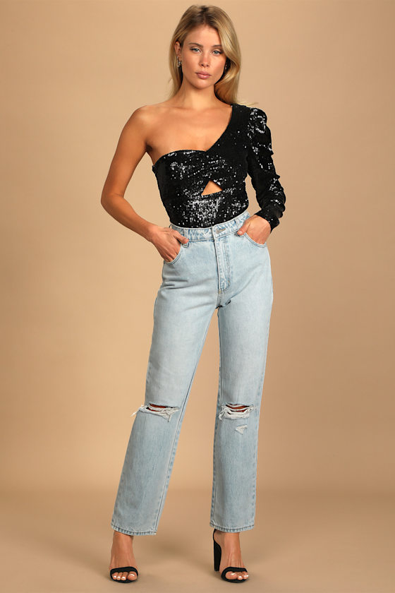 Alluring Ways Black Sequin One-Shoulder Cutout Bodysuit 5