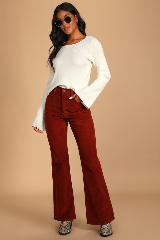 70s High Flare Rust Brown High-Waisted Corduroy Pants