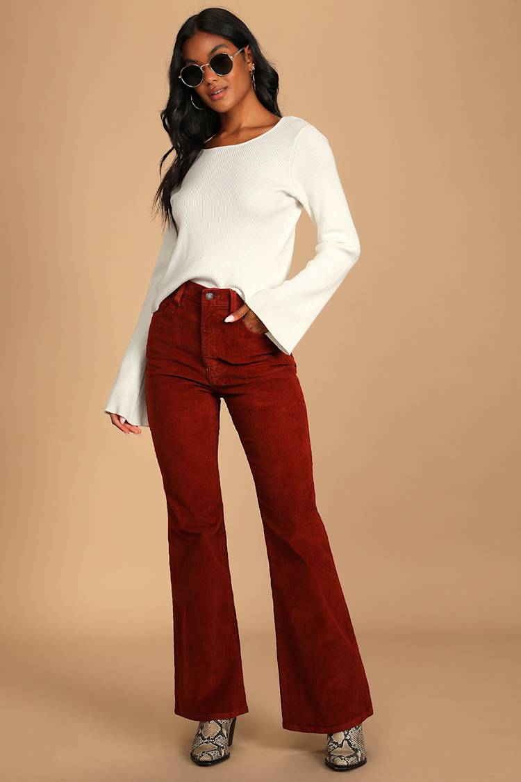 Walking In Memphis Wine Red Corduroy Flare Pants Flare, 55 OFF