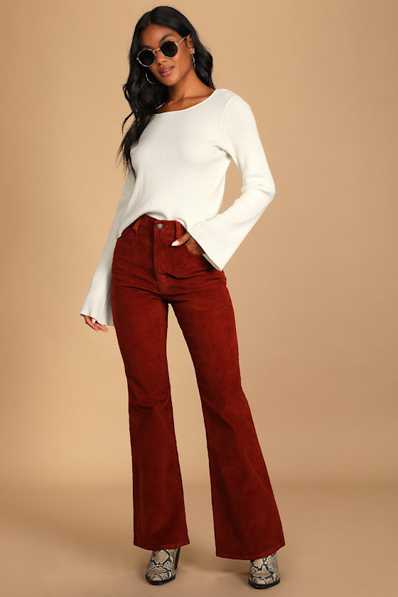 70s High Flare Rust Brown High-Waisted Corduroy Pants 6