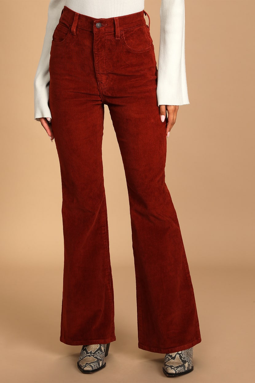 70s High Flare Rust Brown High-Waisted Corduroy Pants