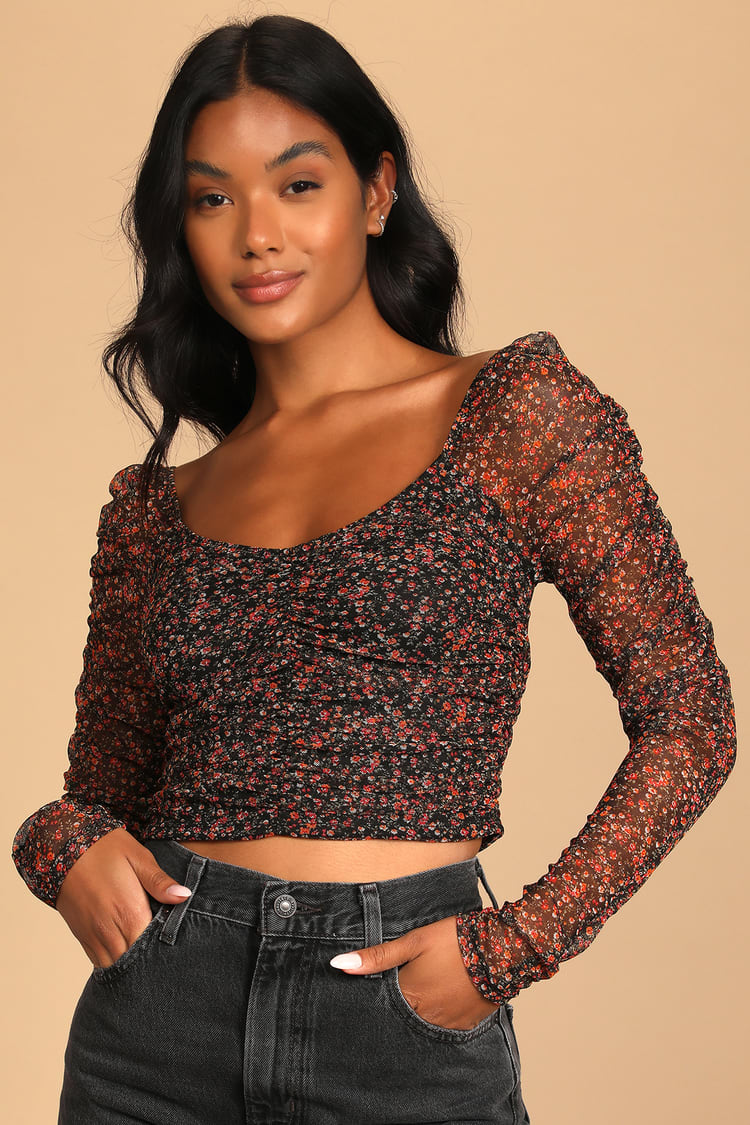 Black Floral Top - Ruched Long Sleeve Top Mesh Top -