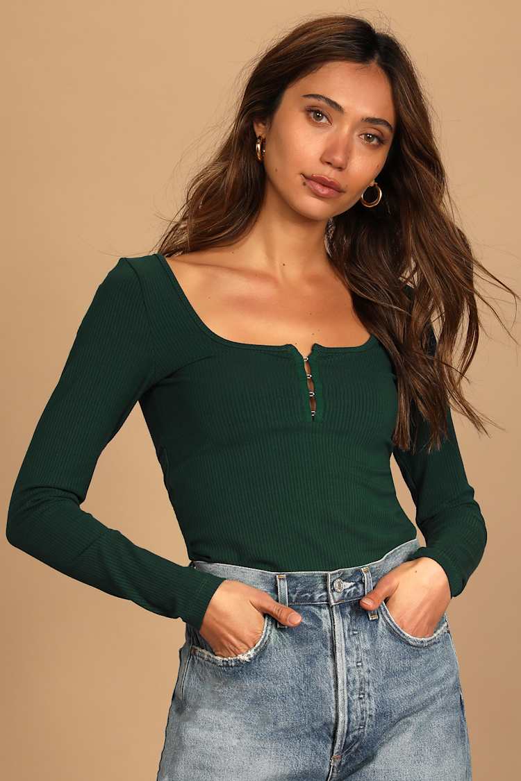 Hunter Green Top - Long Sleeve Top - Hook-Front Top - Women&rsquo;s Top 