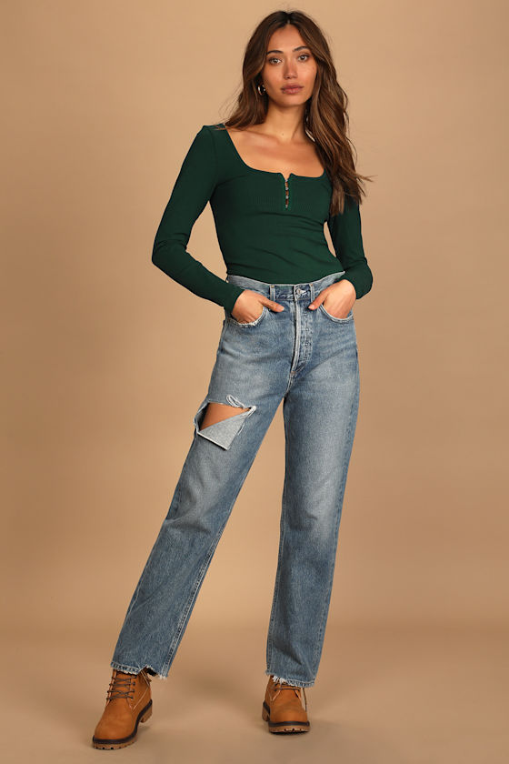 Off the Hook Hunter Green Ribbed Long Sleeve Top 2
