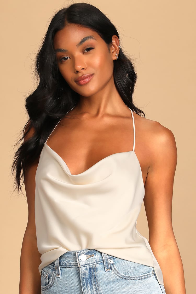 Make a Martini Cream Satin Cowl Neck Cami Top