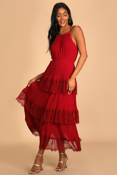 Came For Cocktails Wine Red Pleated Tiered Lace Maxi Dress