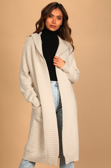 Chalet Chic Beige Ribbed Knit Hooded Cardigan Sweater