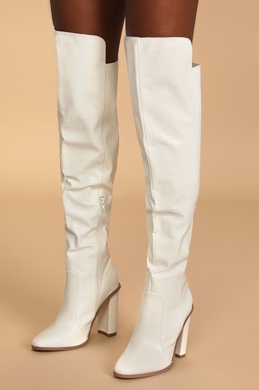 Rowee White Crocodile-Embossed Over the Knee Boots