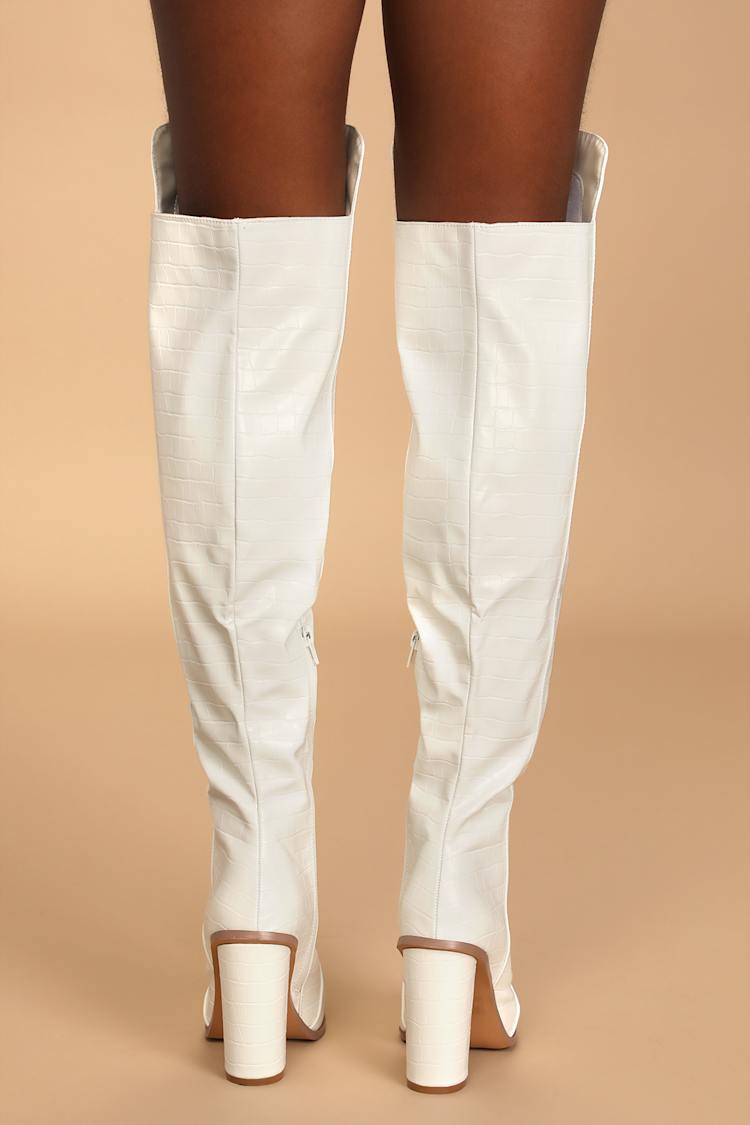 Rowee White Crocodile-Embossed Over the Knee Boots
