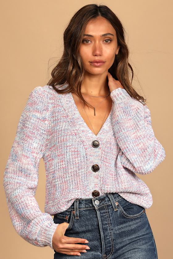 Bright and Cozy White Multi Knit Button-Up Cardigan Sweater 4