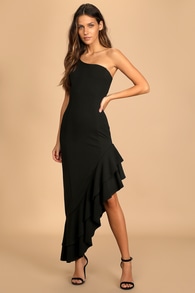 Steal a Glance Black One-Shoulder Asymmetrical Midi Dress