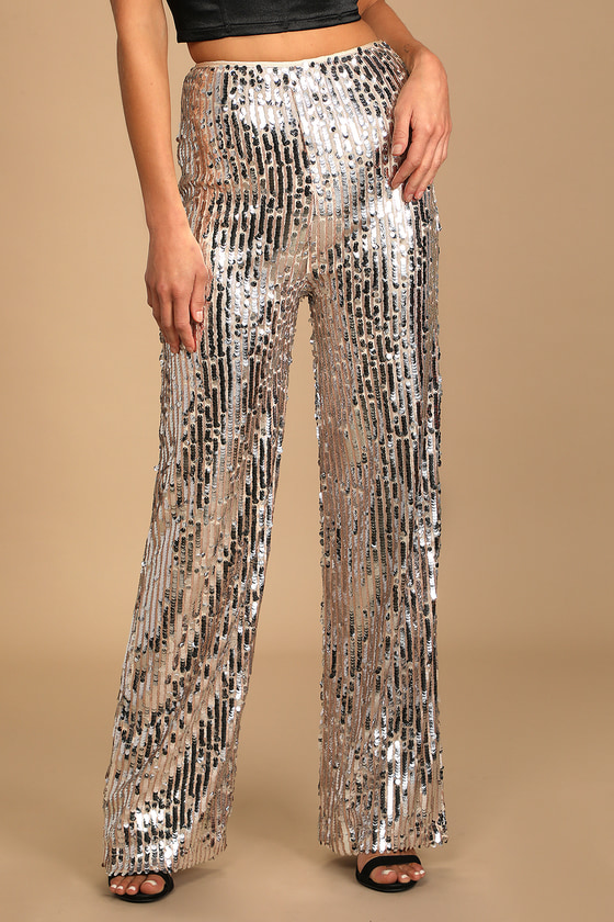 You Better Work Silver Multi Sequin Wide-Leg Pants