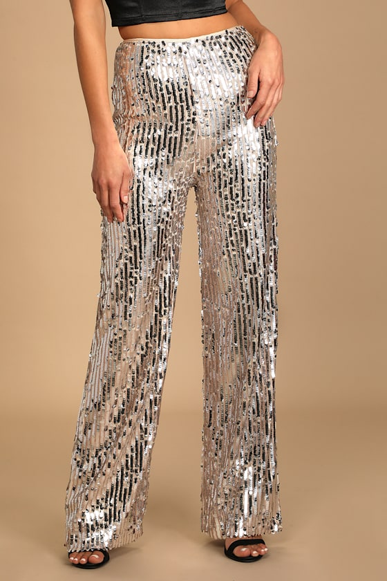You Better Work Silver Multi Sequin Wide-Leg Pants 4