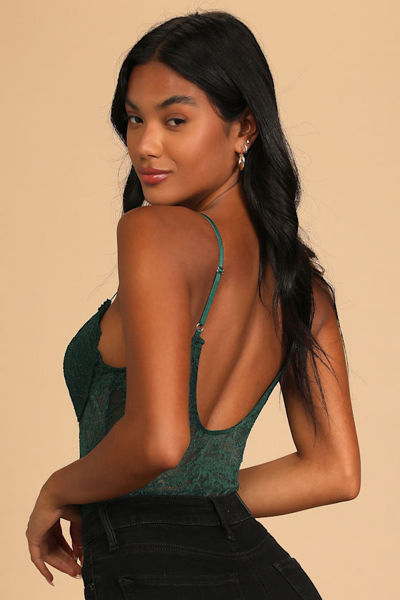 Next Level Sultry Emerald Green Sheer Lace Cutout Bodysuit 4