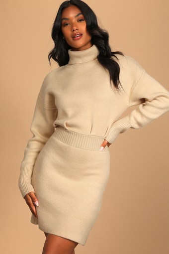 Sweet Comforts Cream Turtleneck Mini Sweater Dress