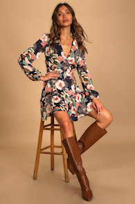 So Splendid Navy Blue Floral Satin Long Sleeve Wrap Dress 6