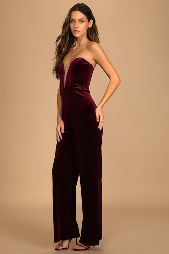 Fashion Agenda Burgundy Velvet Strapless Wide-Leg Jumpsuit 8