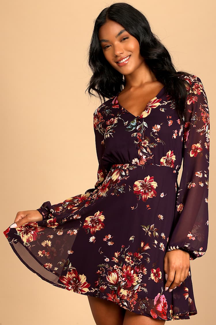 purple skater dress long sleeve Stylish Balloon Sleeve Purple Dress, Long Cotton Skater Dress,