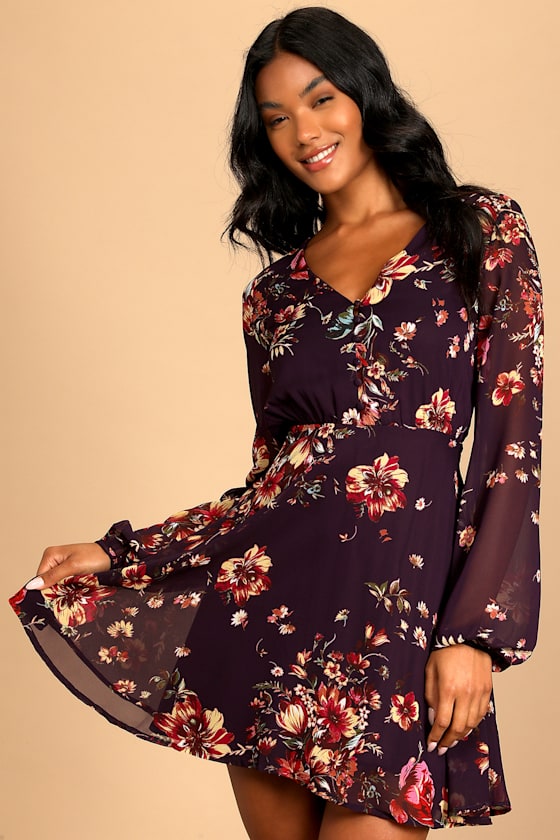 Always Yours Plum Purple Floral Print Long Sleeve Skater Dress 3