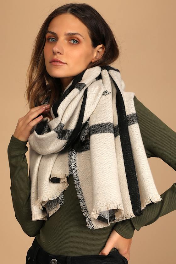 Pomfrey Black and Ivory Plaid Oversized Scarf 6