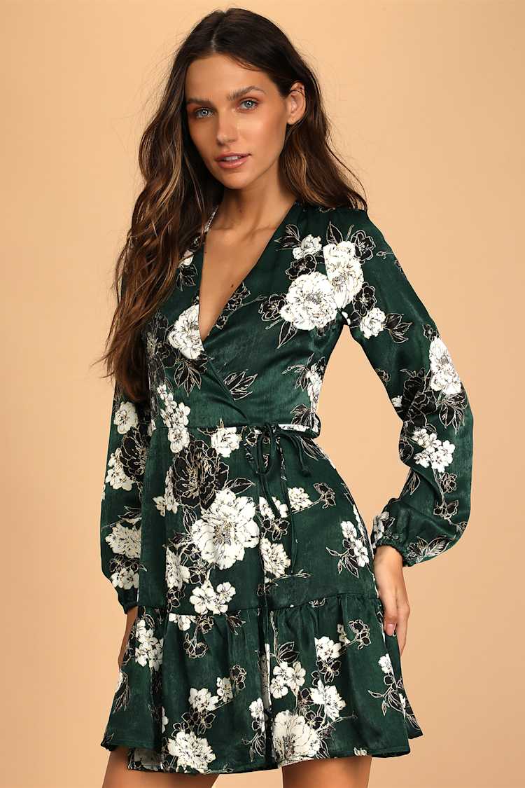 So Splendid Dark Green Floral Satin Long Sleeve Wrap Dress