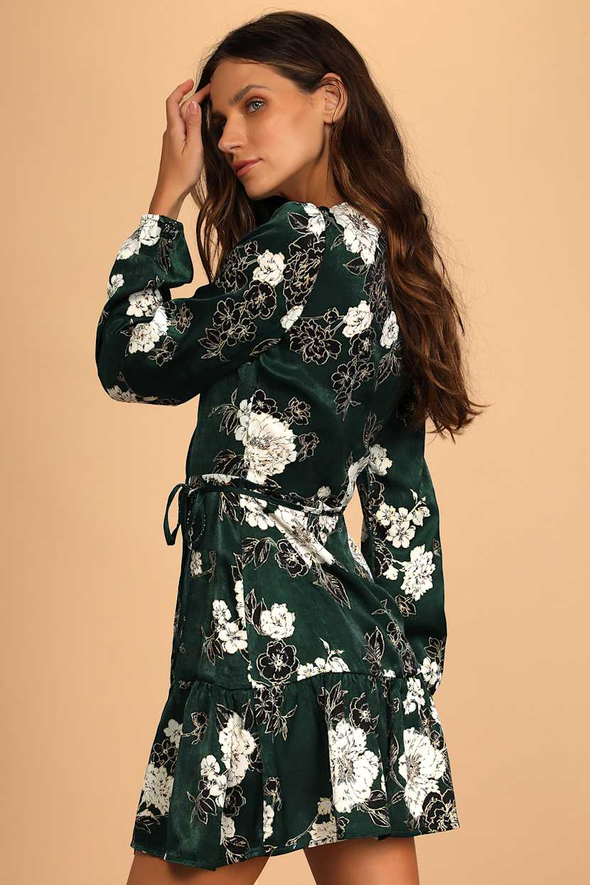 Green Satin Wrap Dress - Floral Wrap Dress - Satin Mini Dress - Lulus