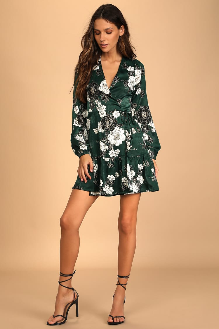 Lulus | So Splendid Dark Green Floral Satin Long Sleeve Wrap Dress | Size Small | 100% Polyester