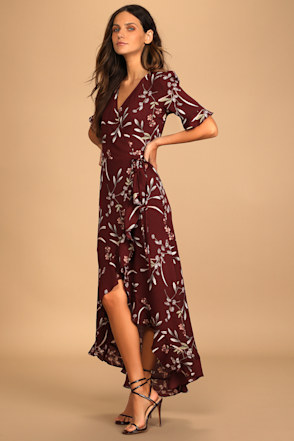 Burgundy Floral Print Dress - High-Low Dress - Wrap Dress - Lulus
