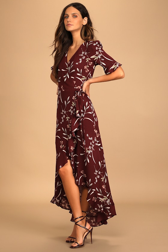 Wild Winds Burgundy Floral Print High-Low Wrap Dress 10