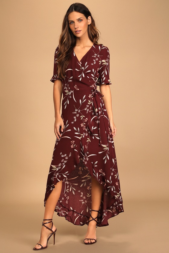 Burgundy floral sales wrap dress