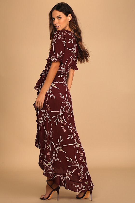 Wild Winds Burgundy Floral Print High-Low Wrap Dress 6