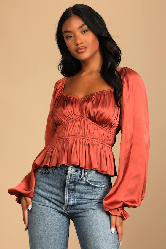 Sophisticate Rust Brown Satin Ruched Long Sleeve Top 4