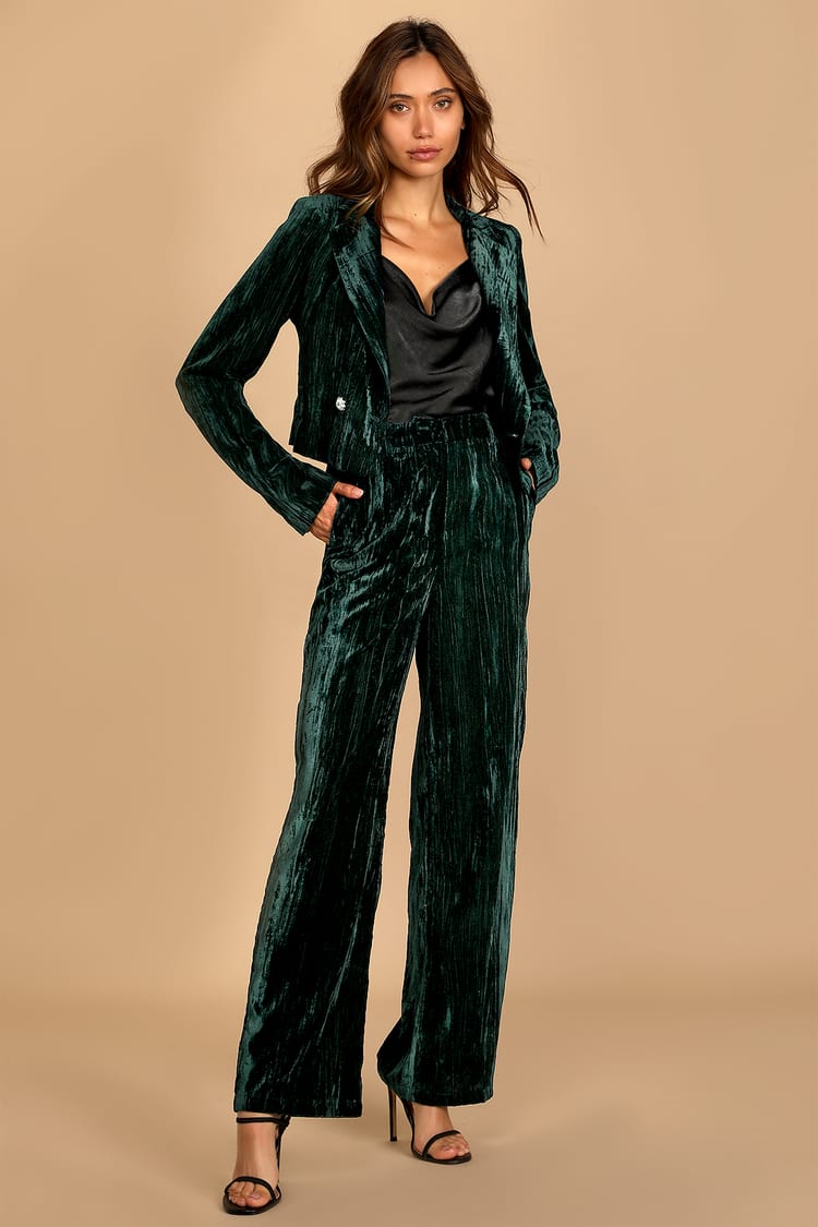 Happiest Holiday Emerald Green Crushed Velvet Wide-Leg Pants