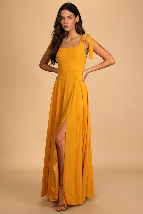 Love Me Forever Mustard Yellow Tie-Strap Square Neck Maxi Dress 5