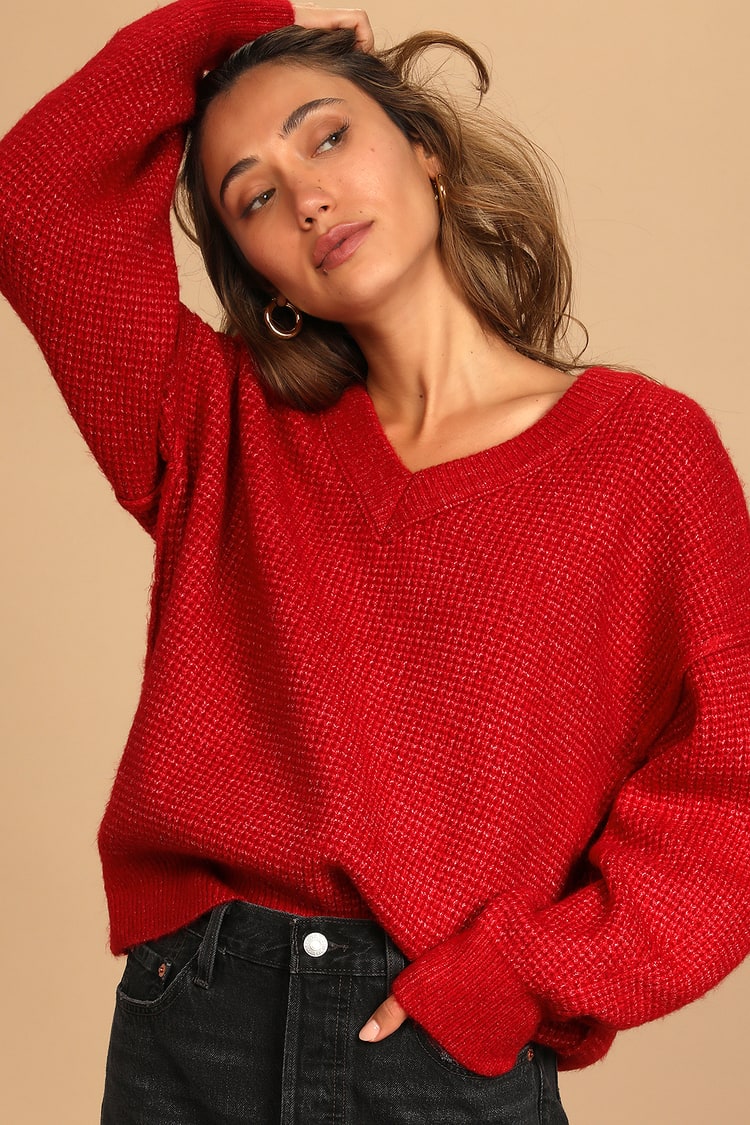 Warm in the Wintertime Heather Red Oversized V-Neck Sweater