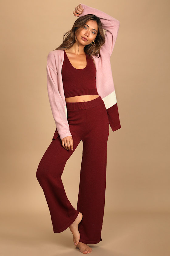 Find Me Here Burgundy Knit High-Waisted Wide-Leg Lounge Pants 5