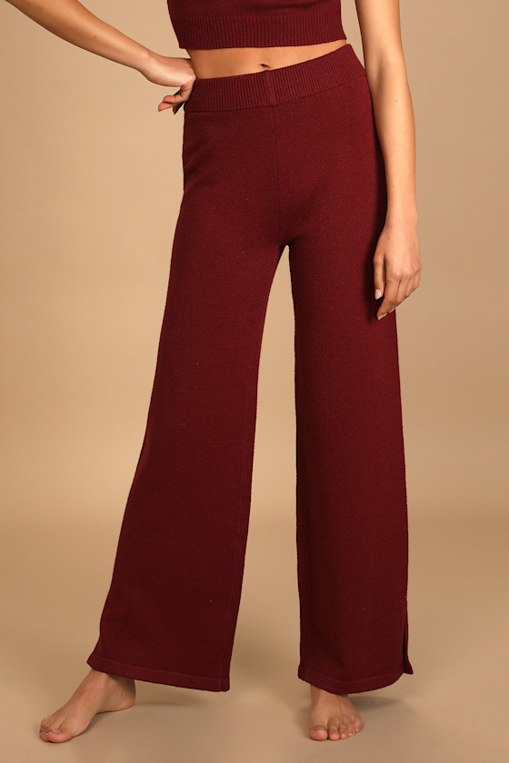 Find Me Here Burgundy Knit High-Waisted Wide-Leg Lounge Pants 4