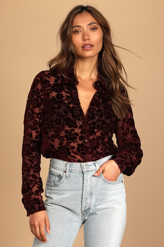 My Love For You Red Burnout Velvet Floral Print Button-Up Top