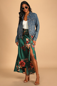 Superbly Stunning Emerald Green Floral Print Satin Maxi Skirt 5