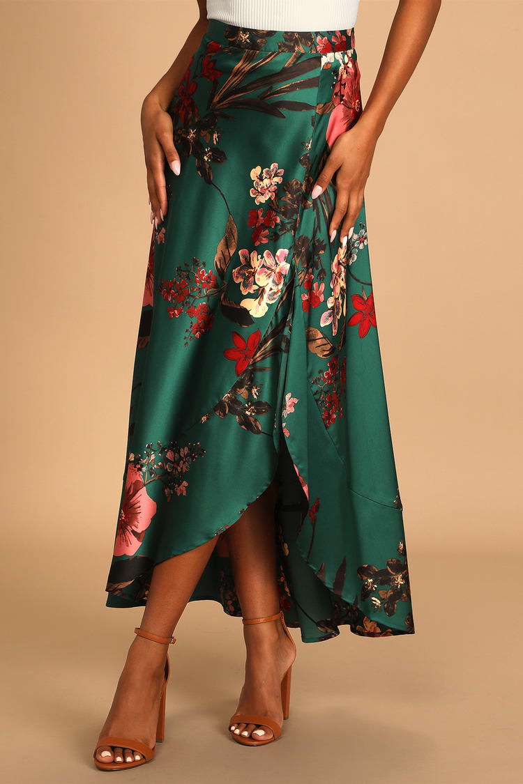 Emerald Green Floral Print Skirt - Satin Skirt - Maxi Skirt - Lulus