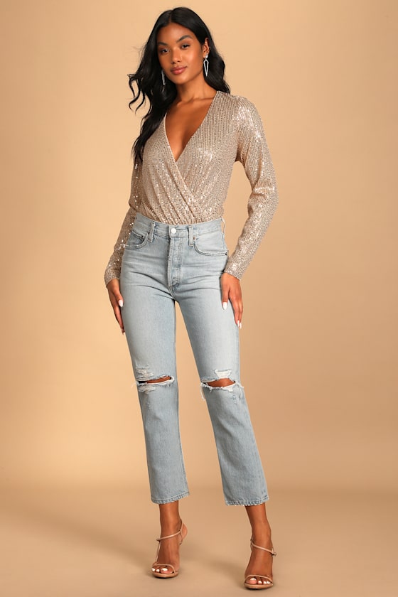 Stunning Forever Rose Gold Sequin Long Sleeve Surplice Bodysuit 8