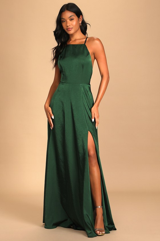 Total Beauty Emerald Green Satin Backless Maxi Dress