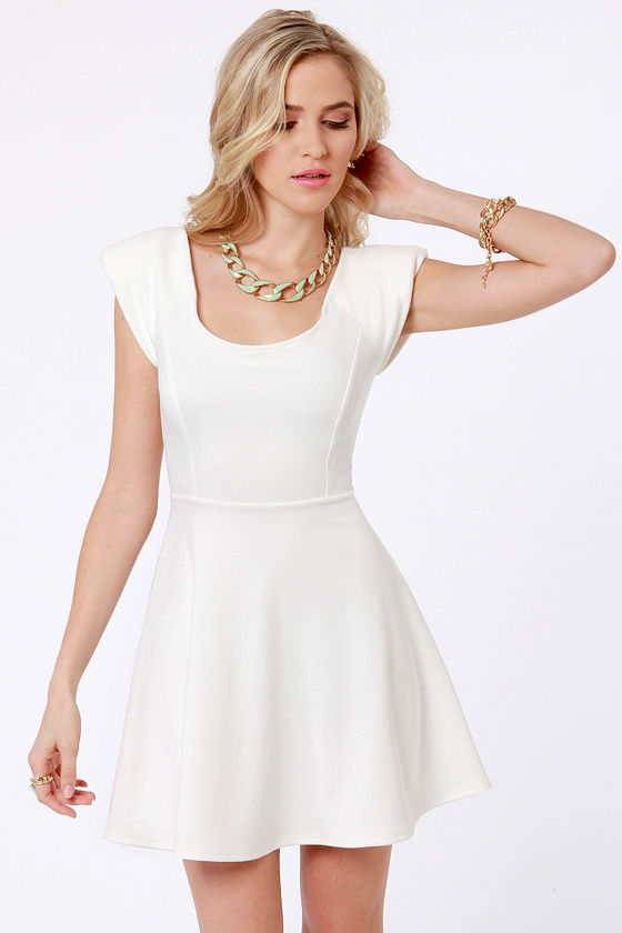 Cute Ivory Dress - Skater Dress - Shoulder Pad Dress - $37.50 - Lulus
