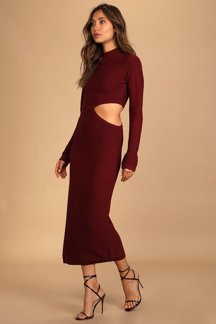 Burgundy Midi Dress - Mock Neck Dress - Cutout Sweater Dress - Lulus Burgundy Midi Dress - Mock Neck Dress - Cutout Sweater Dress - Lulus